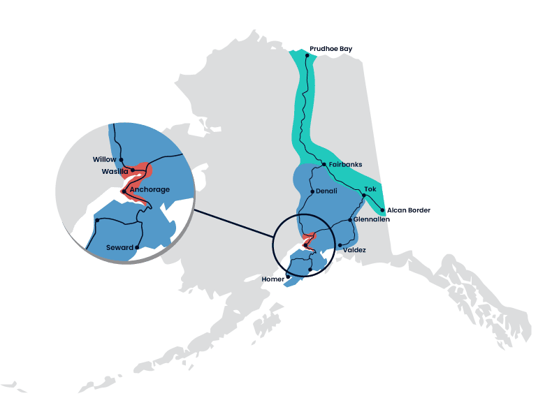 Fuel SurCharge-March 29 A detailed map of Alaska showing key transportation routes and locations related to Carlile Transpor.
